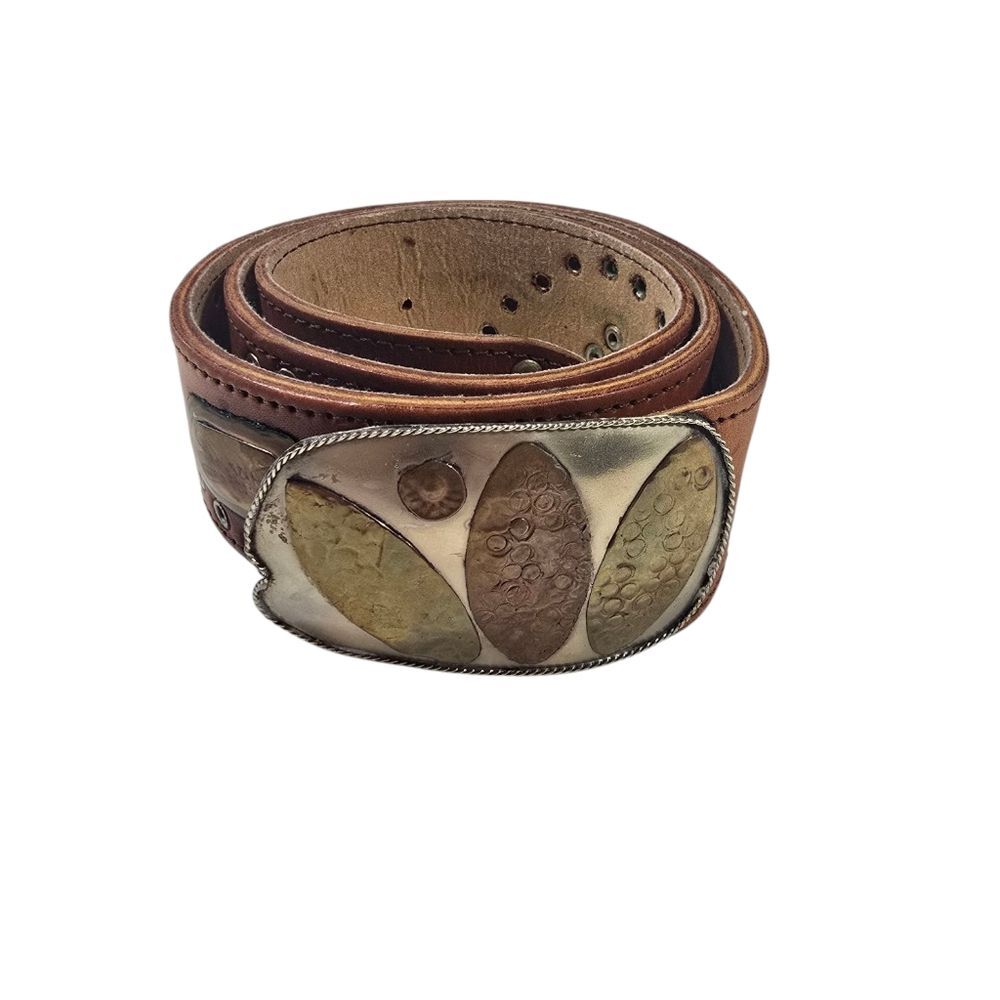 Vintage Western Handmade Metal Grommet Leather Belt w/ Brass Copper Inlays sz 37